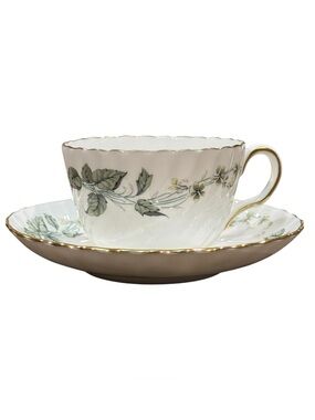 Minton antique white green leaf print Greenwich bone china teacup & saucer